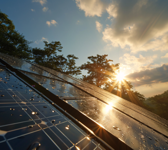 natte zonnepanelen bij zonsopkomst