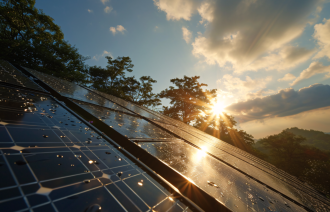 natte zonnepanelen bij zonsopkomst